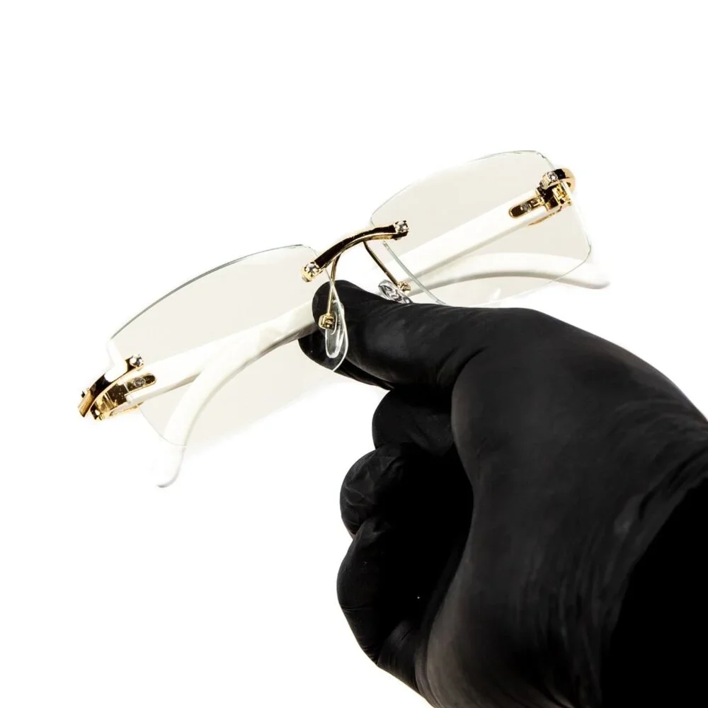 White Wood Grain Clear Lens Mens Gold Frame Rectangular Luxury Square Glasses_5